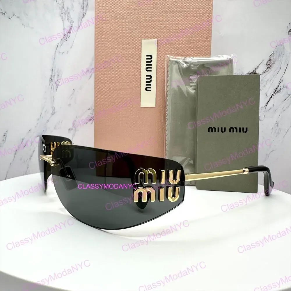 New MIU MIU Sunglasses Gold Dark Gray Lens Runway Wrap Rimless Authentic Miu Miu